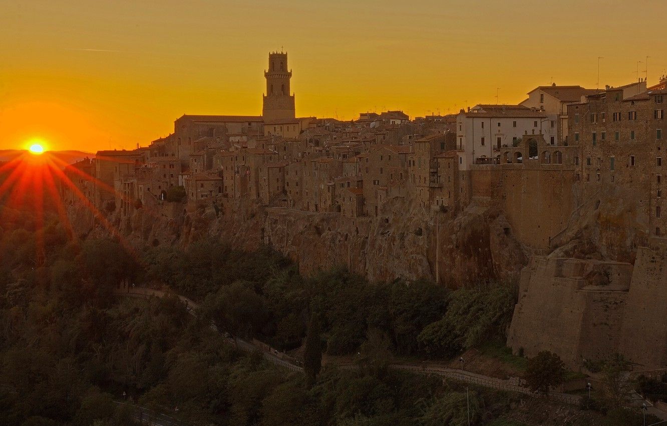 Wallpaper sunset, tower, home, Italy, Tuscany, Pitigliano image