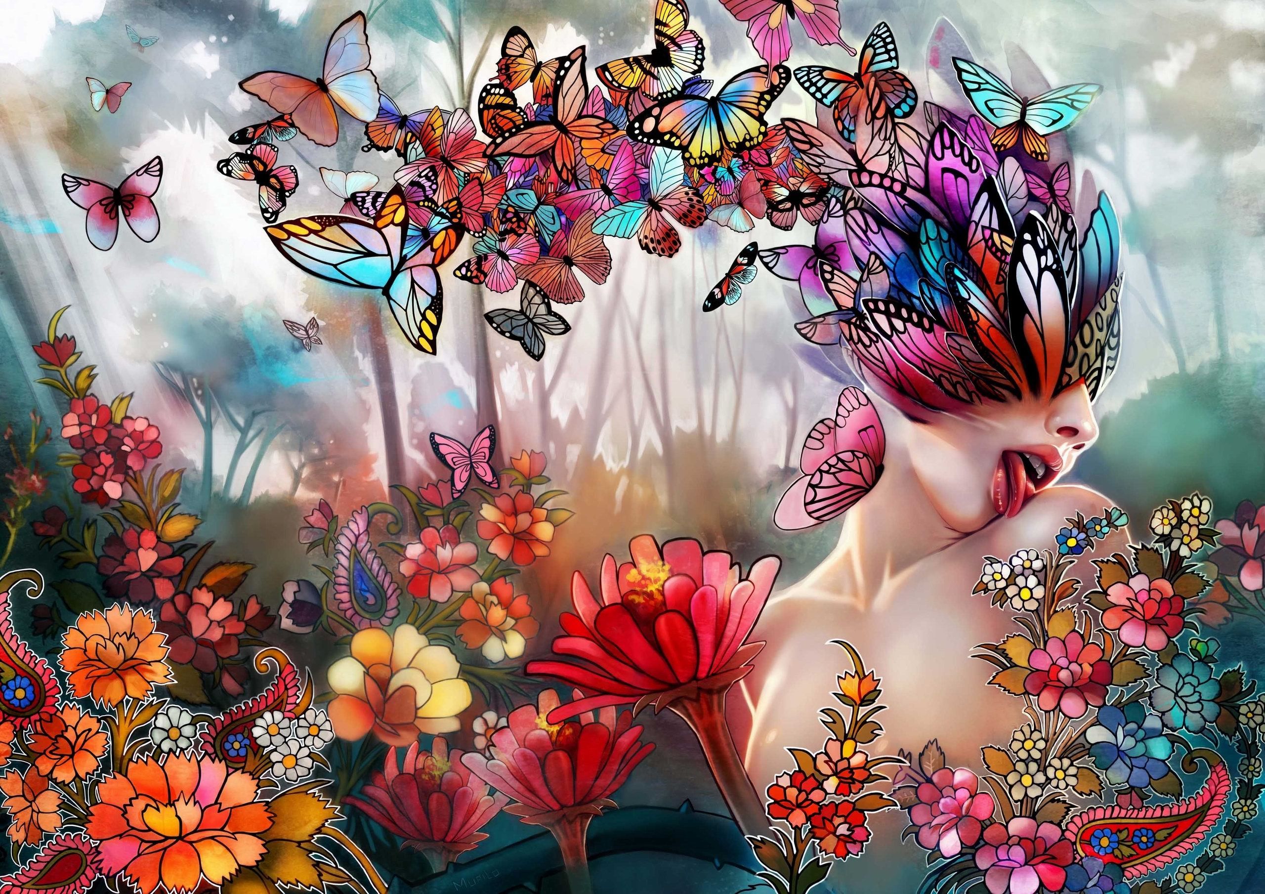Art, Flowers, Butterflies, girl, language, collage wallpaper desktop background