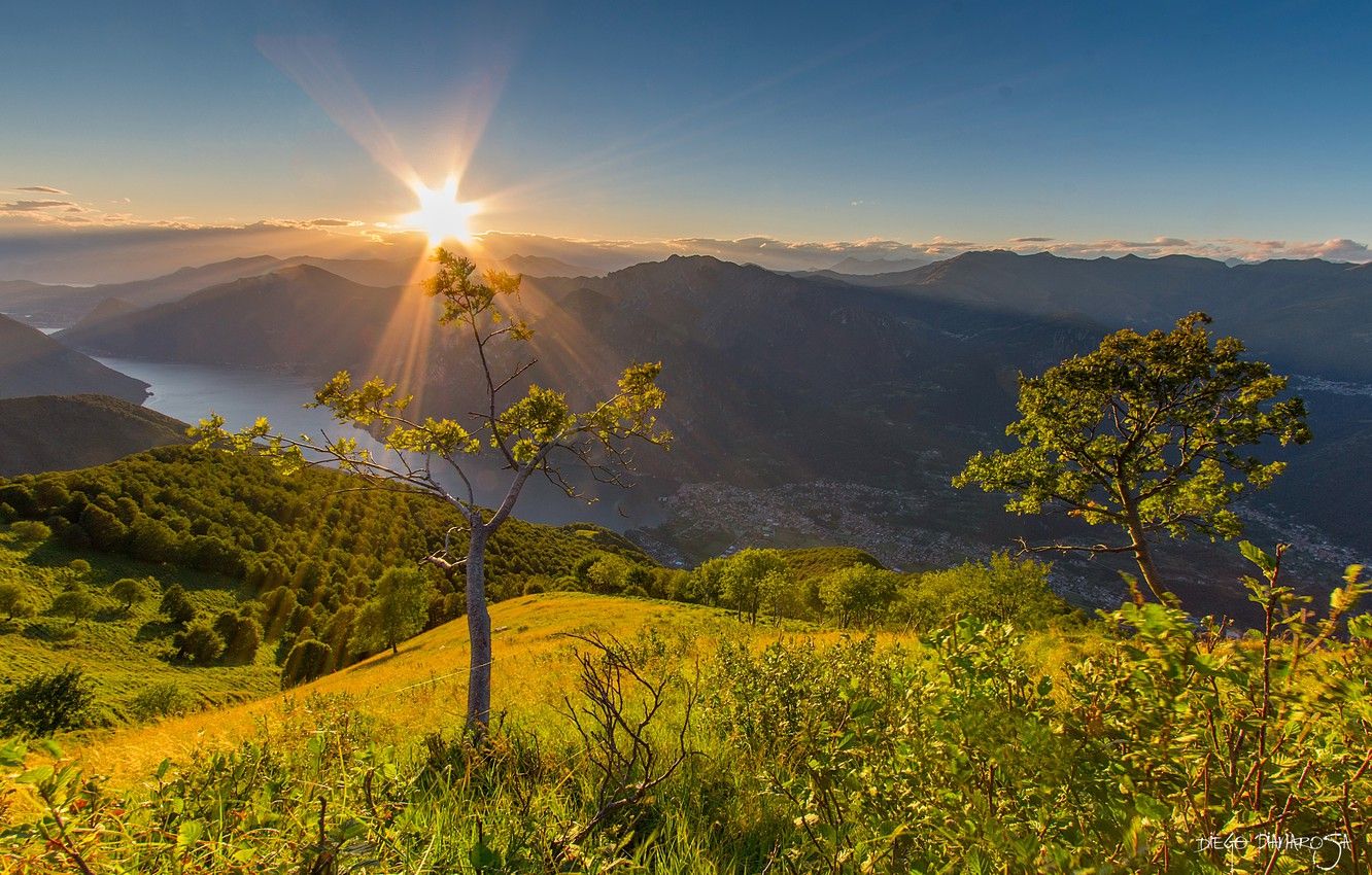 Wallpaper trees, sunset, mountains, lake, Italy, panorama, Italy