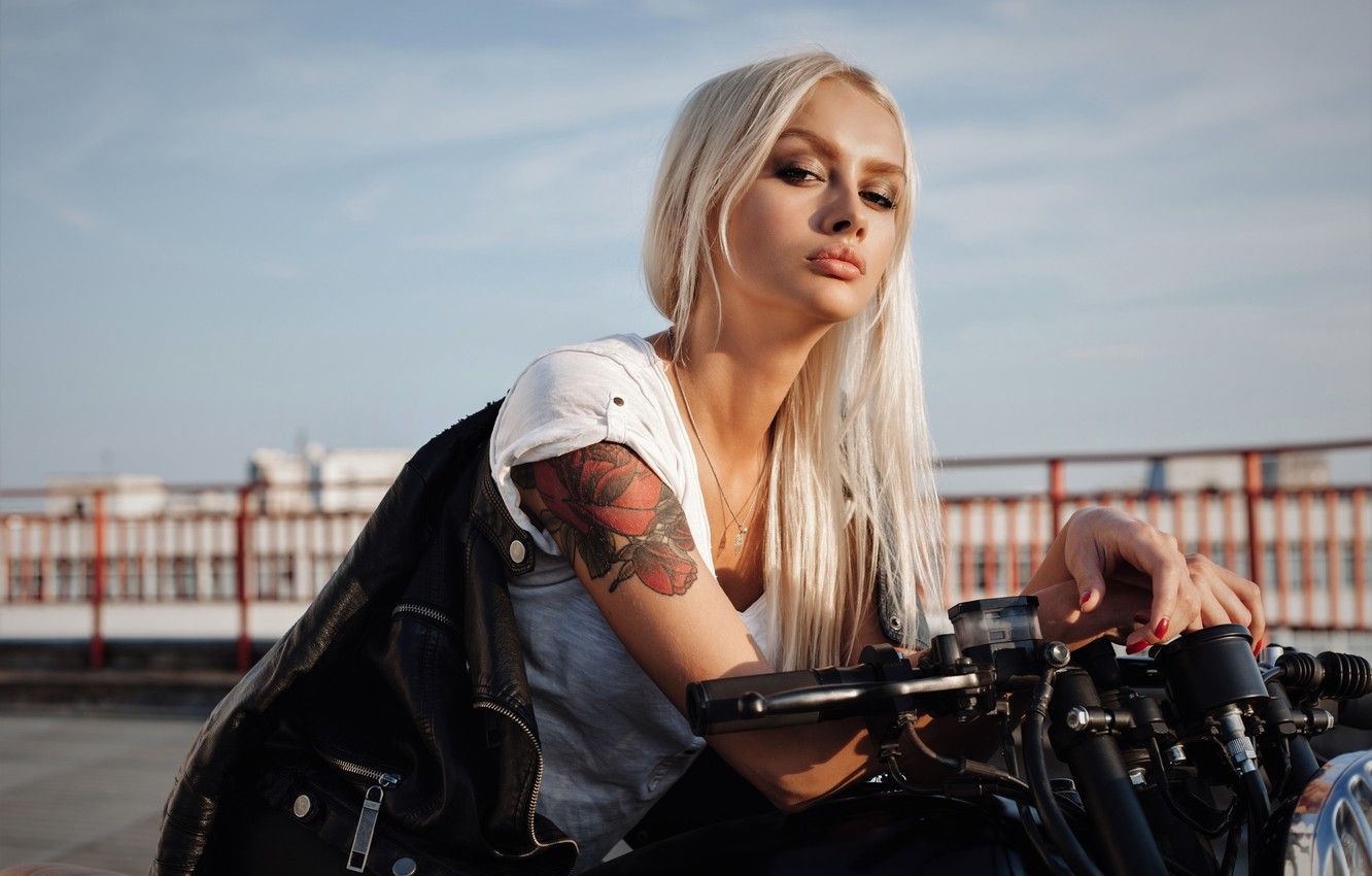 Wallpaper girl, jacket, Girl, blonde, lips, Motorcycle, tattoo