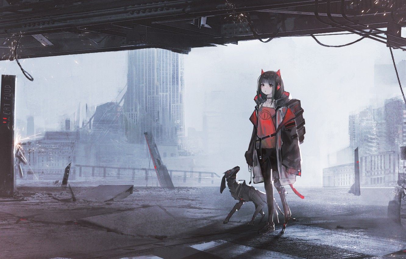 Wallpaper bridge, fiction, dog, girl, the robot dog image