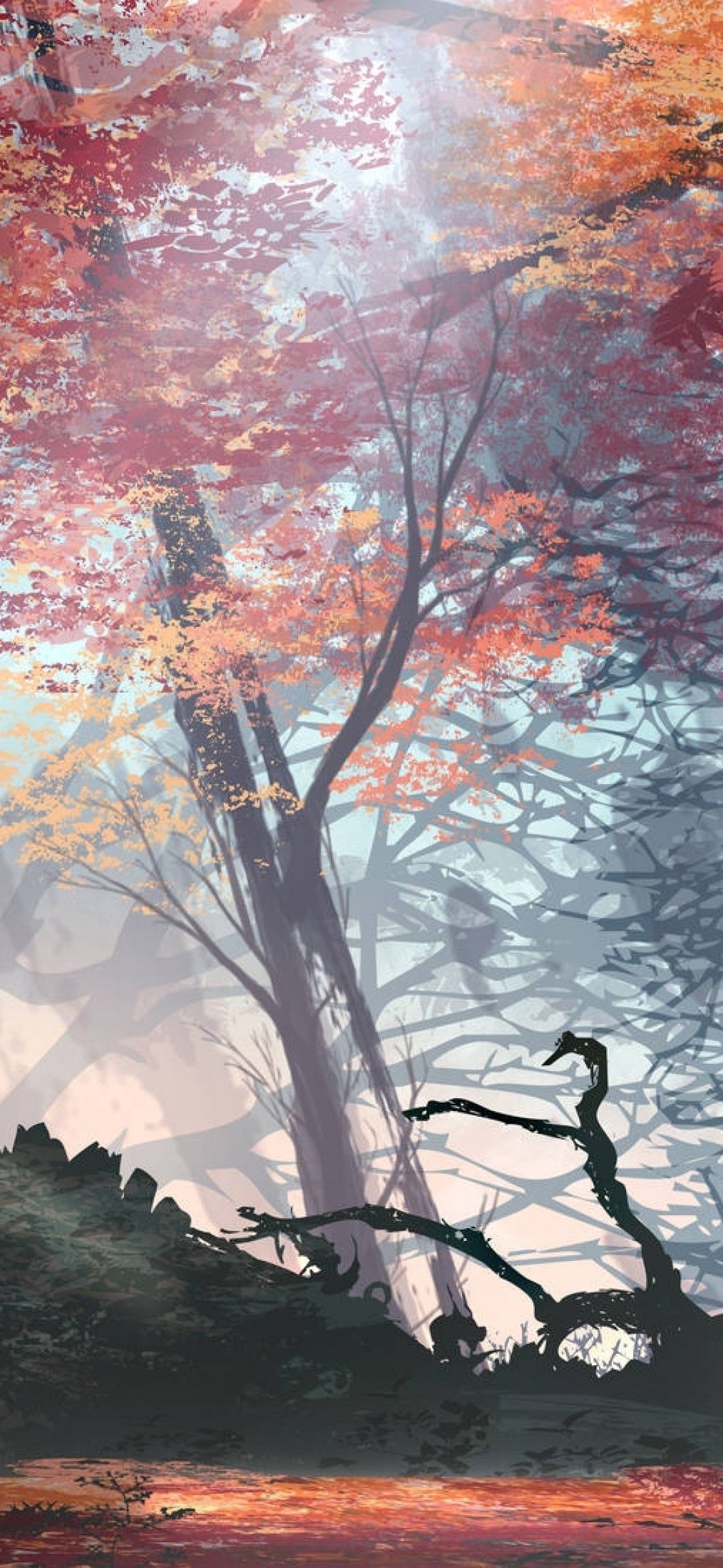 Download 1125x2436 Anime Man, Samurai, Autumn, Scenic, Forest