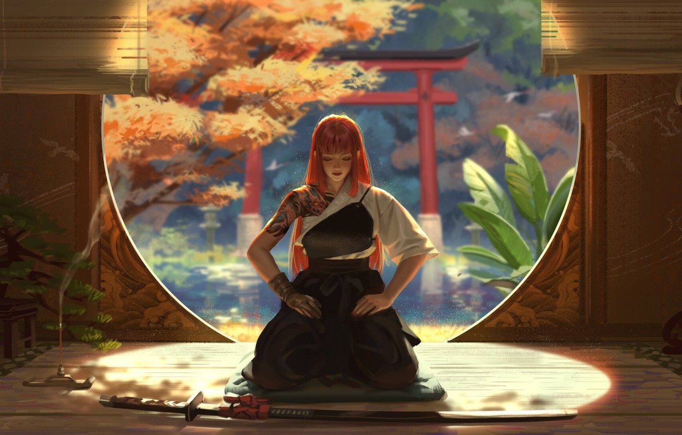 Wallpaper pond, katana, Japan, meditation, tattoo, red, bonsai