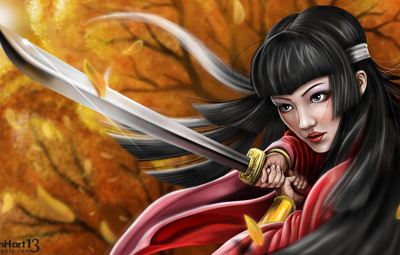 Wallpaper girls, autumn, painting, samurai image for desktop