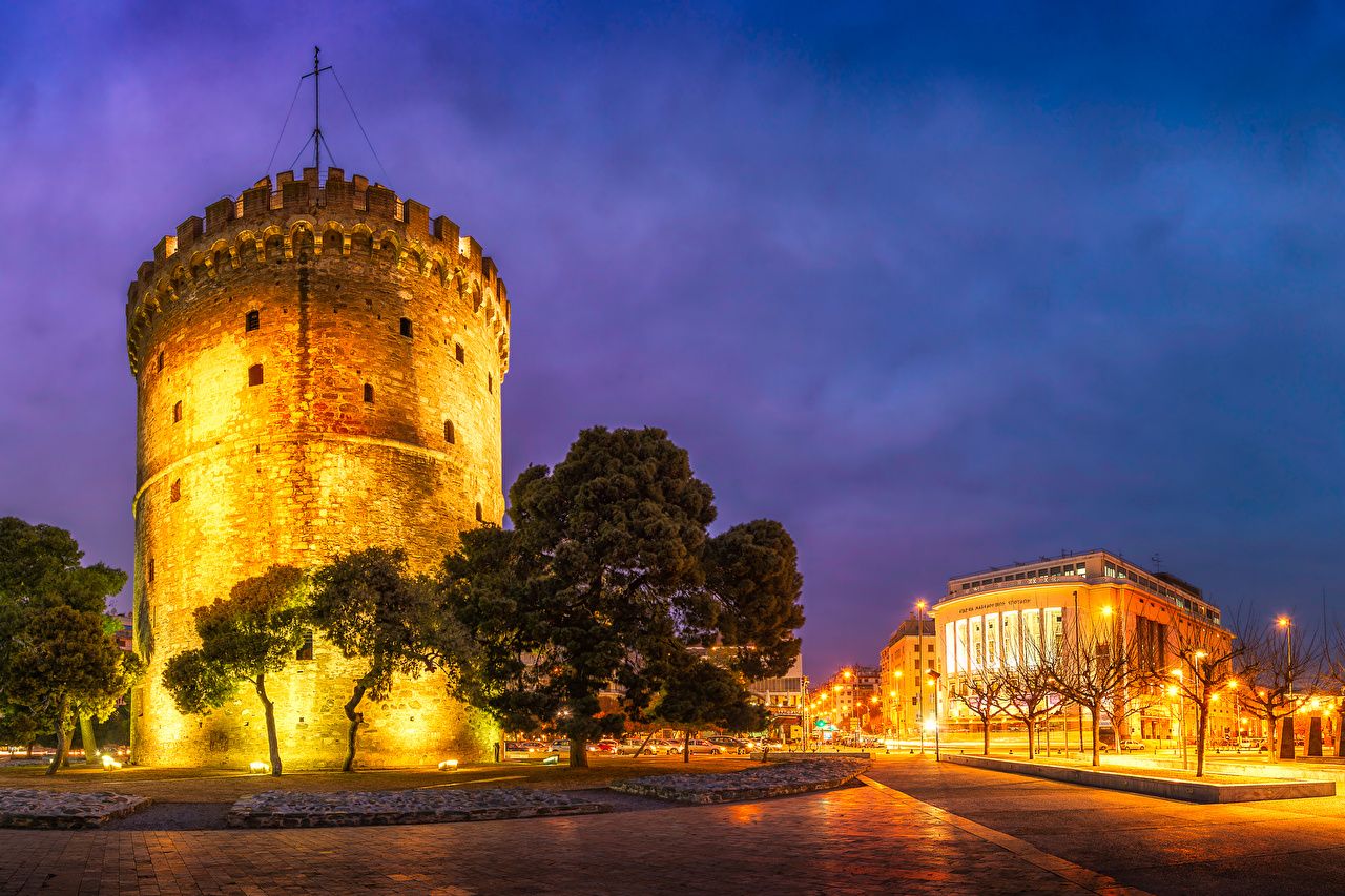 Photo Greece towers Thessaloniki Evening Street lights Trees Cities