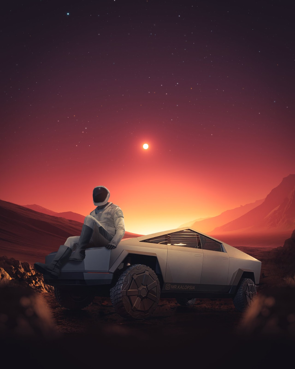Starman resting at his Tesla Cybertruck on Mars