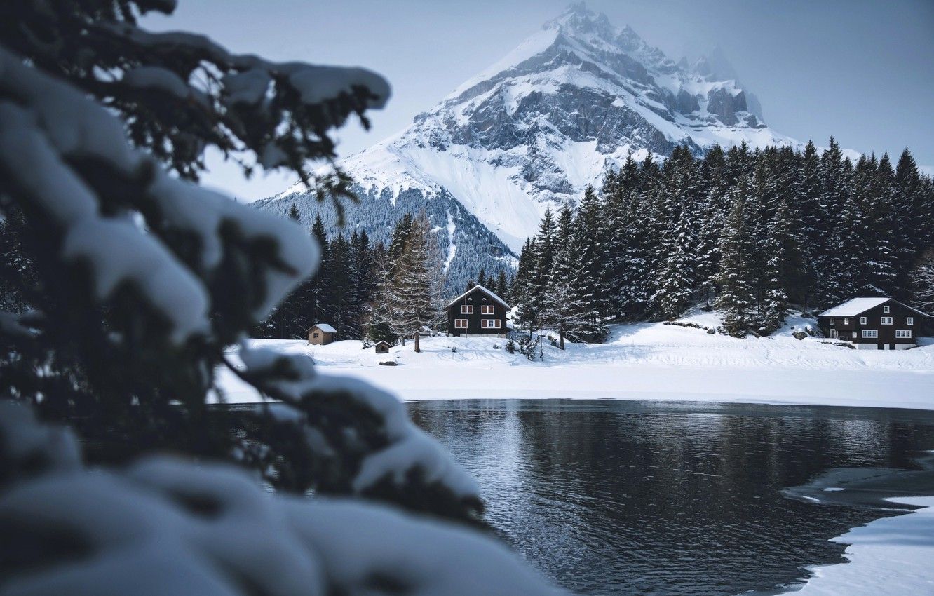 Wallpaper winter, snow, mountains, river, tree, mountain, house