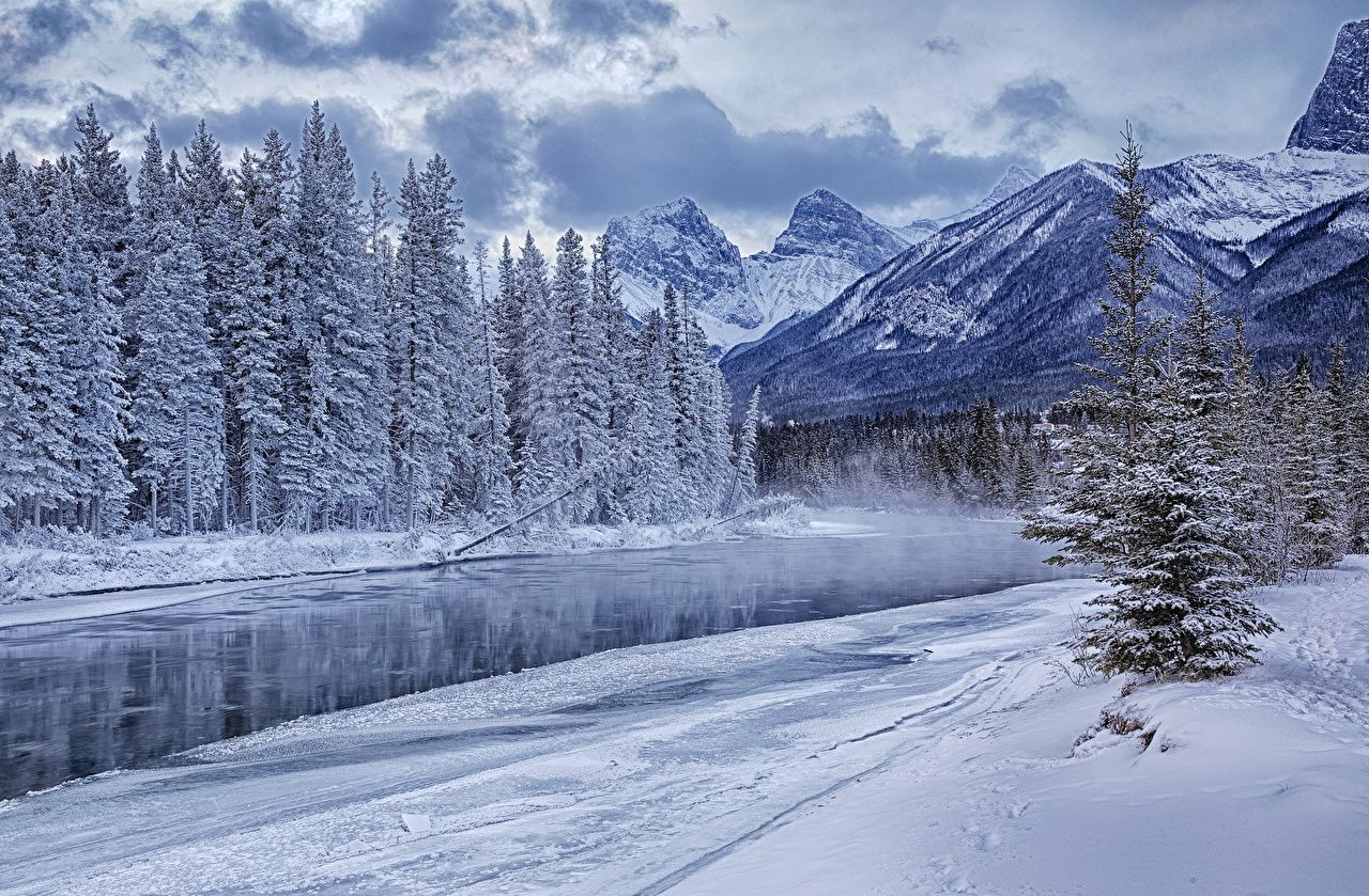 Wallpaper Canada Bow River Nature Winter Mountains Snow Scenery