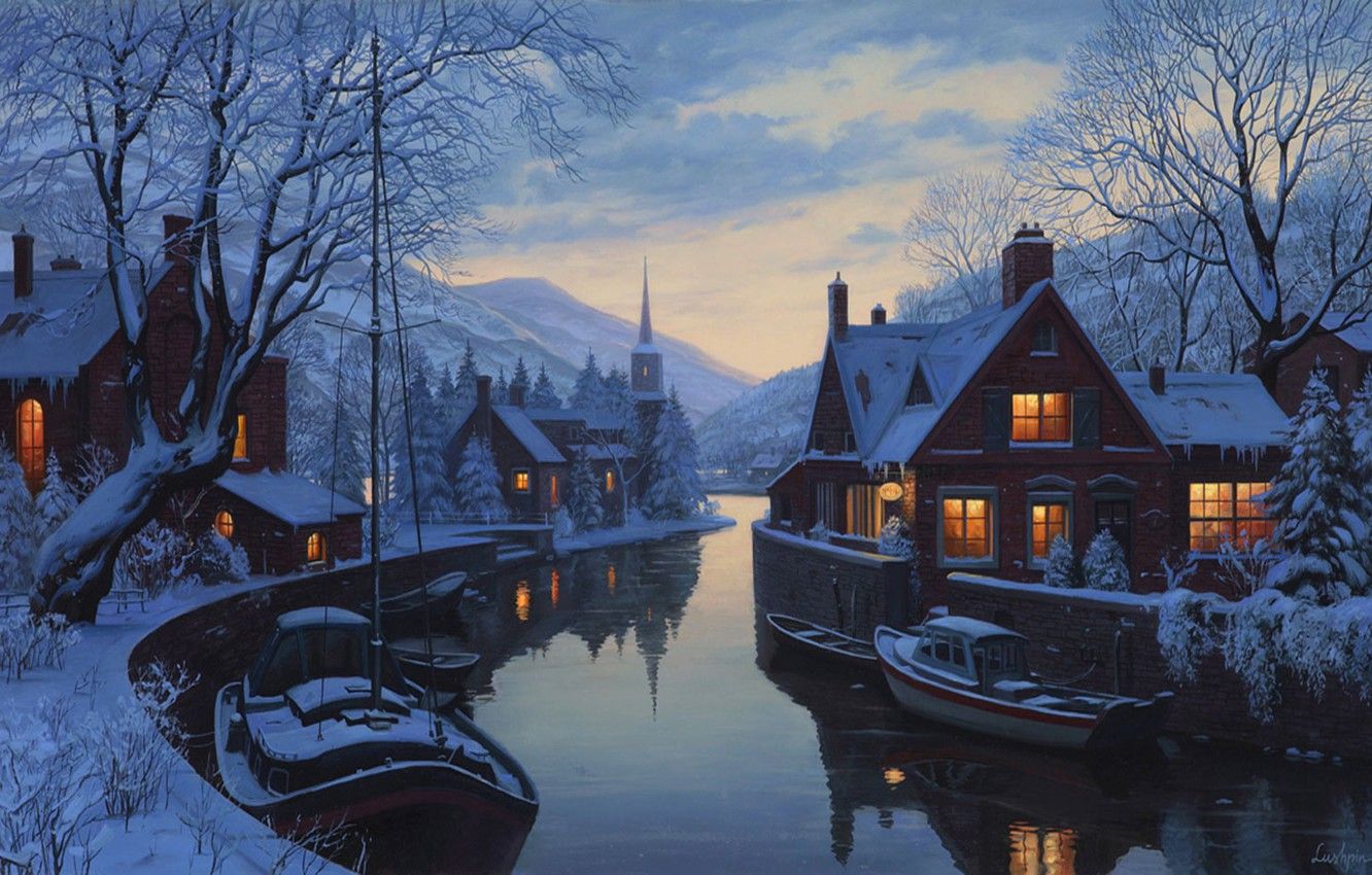 Wallpaper winter, snow, mountains, river, home, boats, the evening