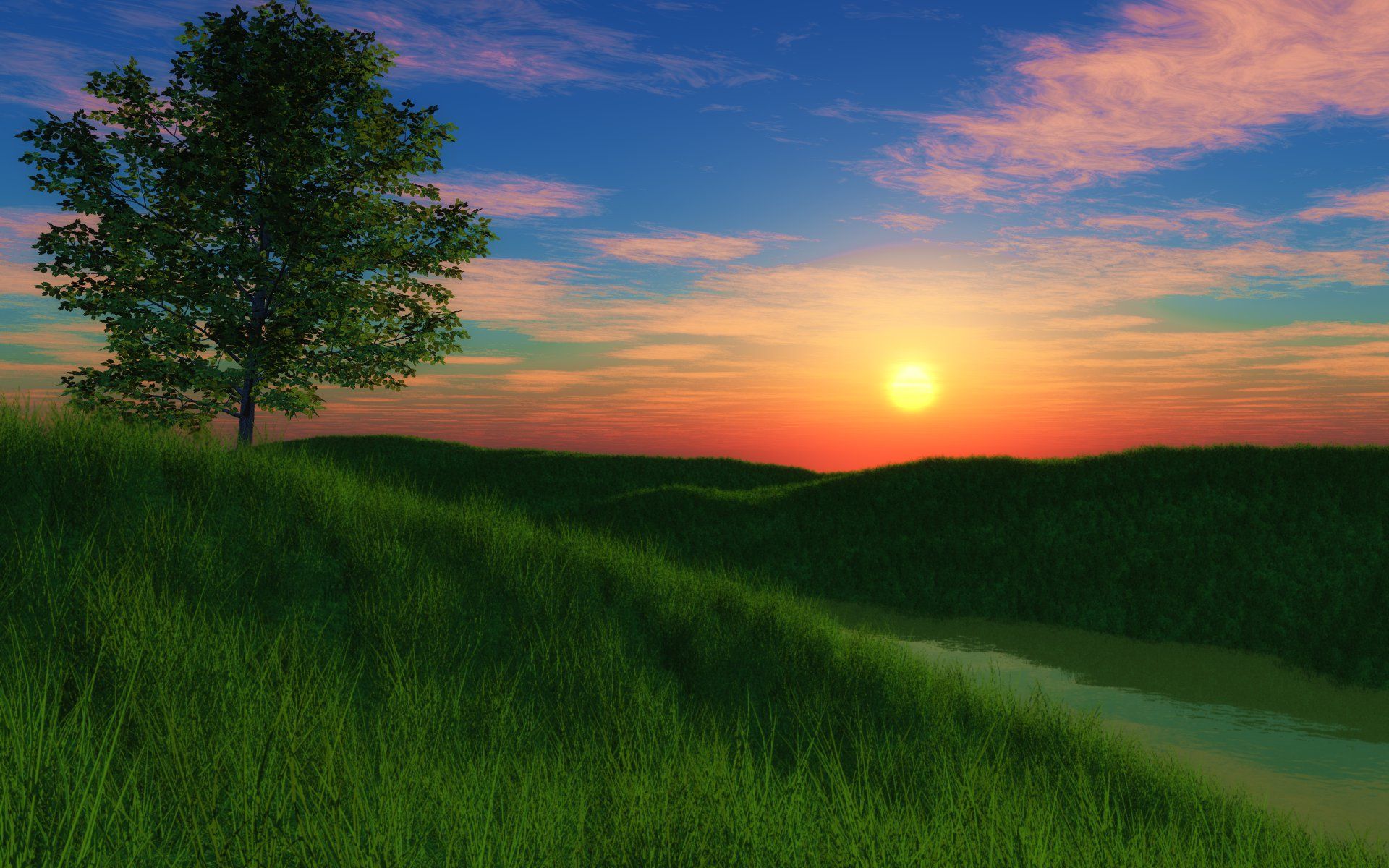 Grassy hill sunset wallpaperx1200