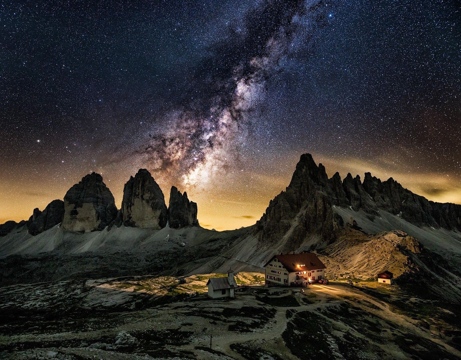nature, Landscape, Milky Way, Galaxy, Mountains, Starry Night, Cabin, Summer, Dolomites (mountains), Italy, Long Exposure Wallpaper HD / Desktop and Mobile Background