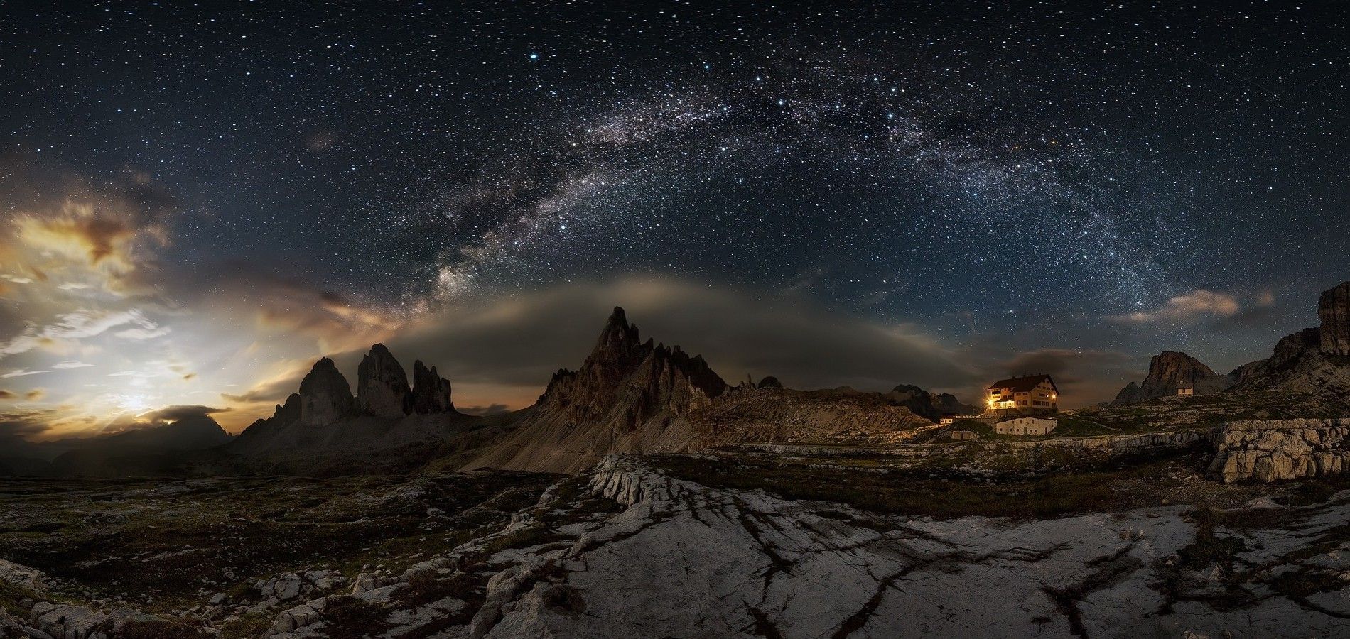 nature, Landscape, Photography, Panoramas, Milky Way, Dolomites (mountains), Starry Night, Summer, Galaxy, Building, Cabin, Lights, Long Exposure, Italy Wallpap