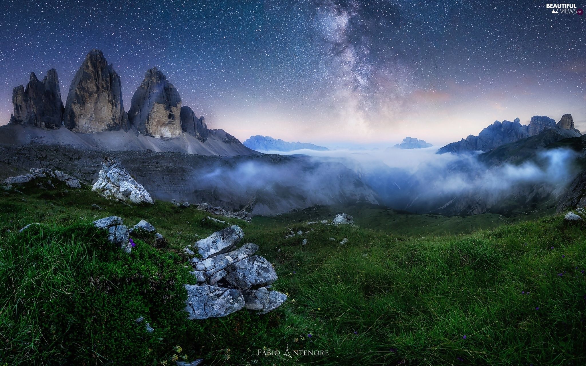 Fog, Dolomites Mountains, grass, Tre Cime di Lavaredo, Italy, Stones, Milky Way views wallpaper: 2048x1280
