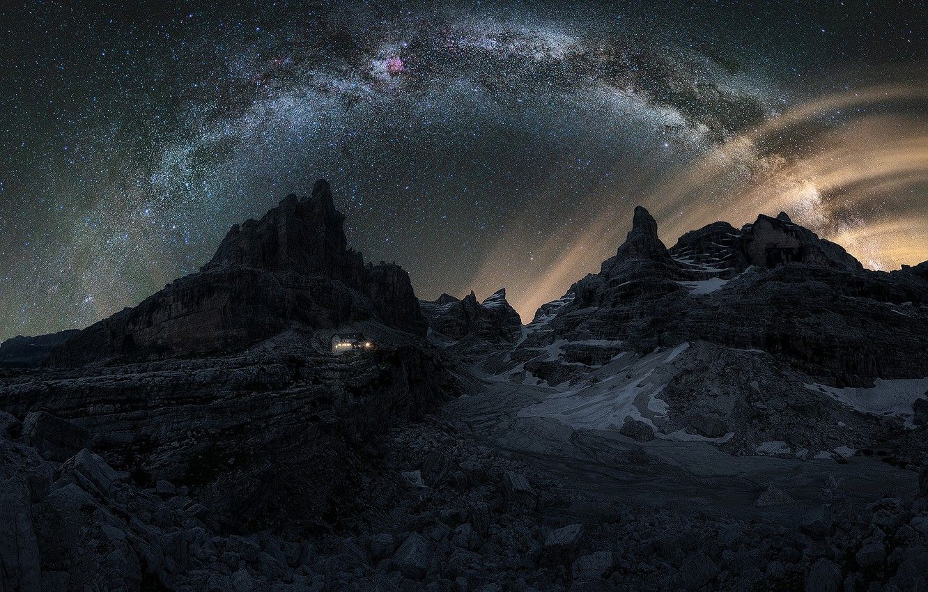 Wallpaper mountains, night, stones, Alps, The milky way, house, starry sky, The Dolomites image for desktop, section пейзажи
