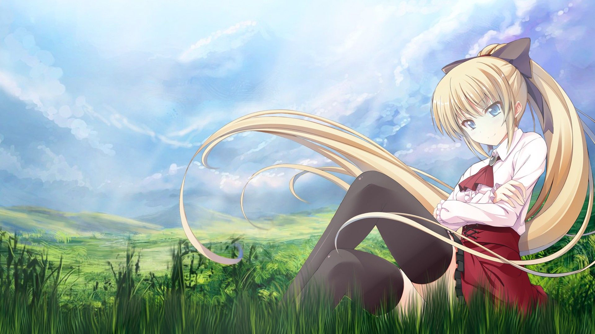 #blonde, #ponytail, #sky, #grass, #anime girls, wallpaper