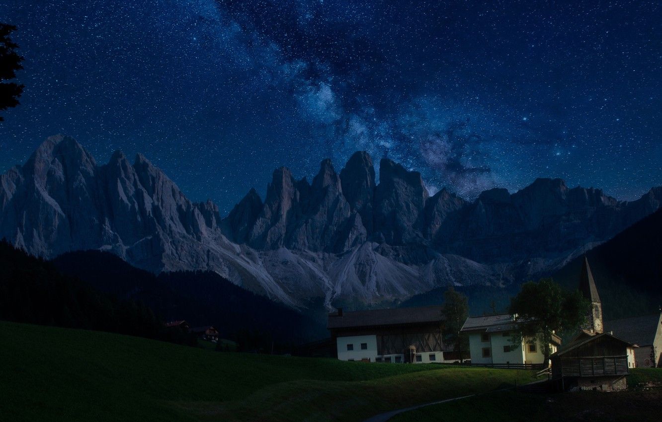 Wallpaper forest, stars, mountains, night, darkness, hills, the slopes, tops, home, village, Alps, The milky way, houses, meadows, starry sky, The Dolomites image