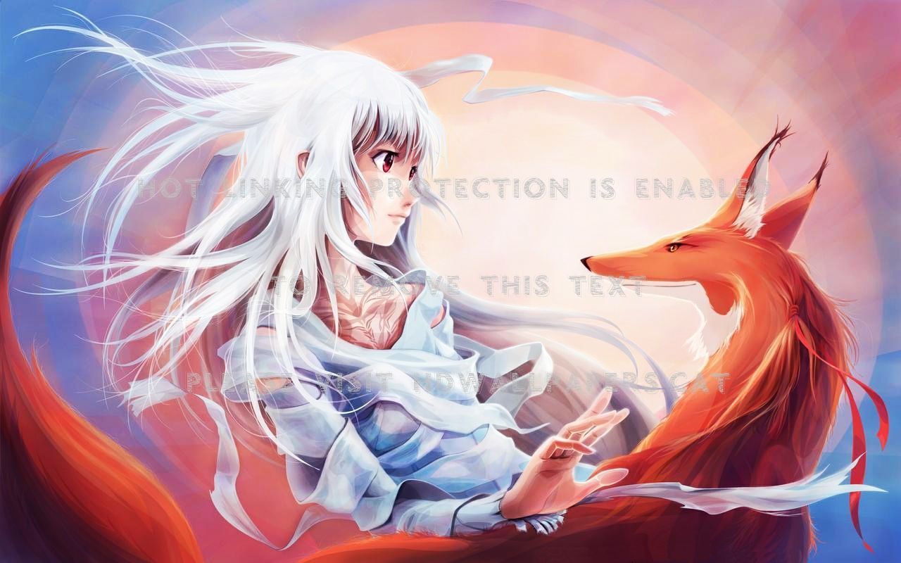 fox girl kitsune white hair wagaya anime