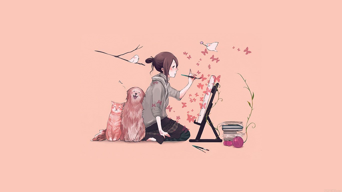Illustrator Dog Cat Pink Art Illust Wallpaper
