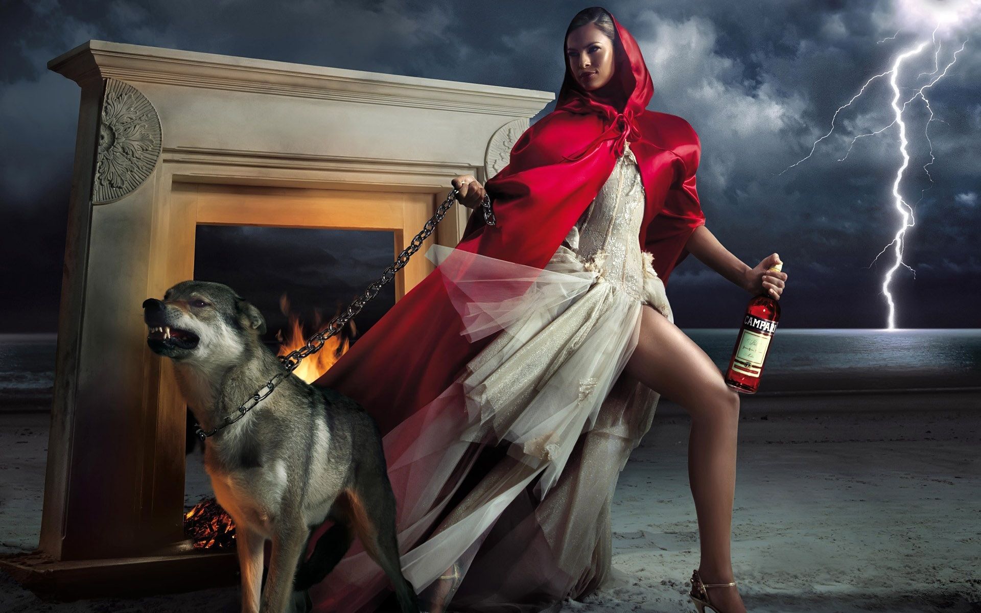 Wallpaper Women pull the dog in front of the fireplace 1920x1200