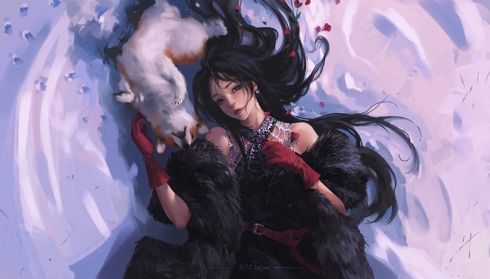 Woman and Her Dog Lying in the Snow HD Wallpaper. Background
