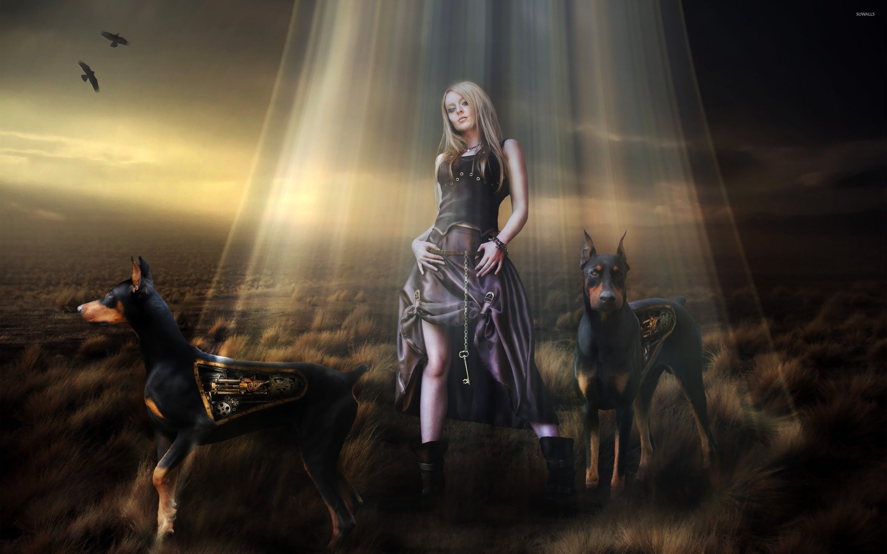Steampunk girl and dobermans wallpaper wallpaper
