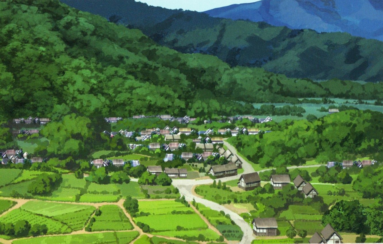 Wallpaper summer, field, road, Japan, valley, village, art, green