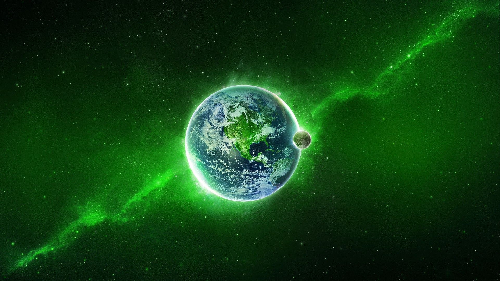 Our planet against a background of green nebula Desktop wallpaper