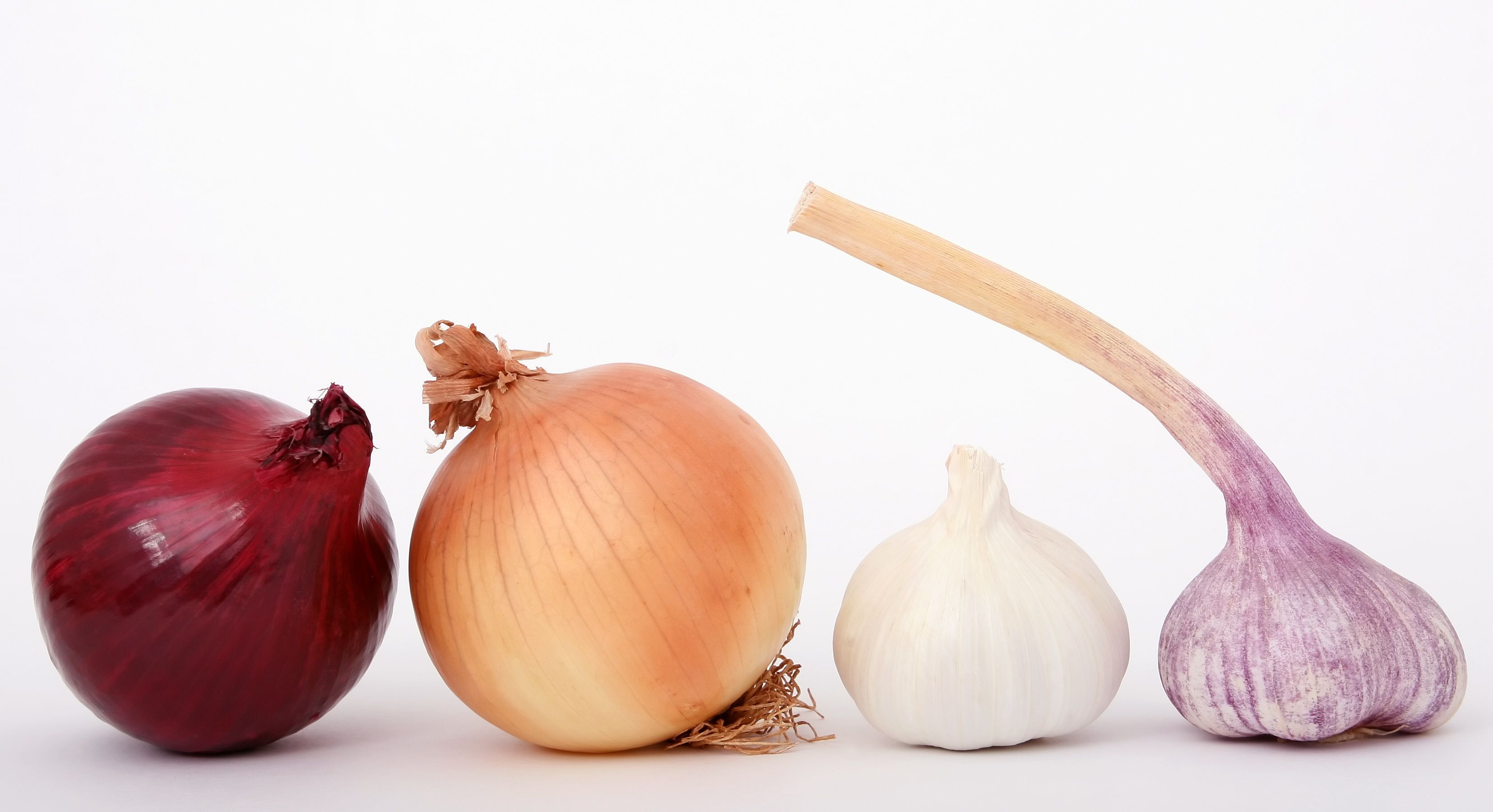 Red Brown White and Purple Onions And Garlic Displayed · Free