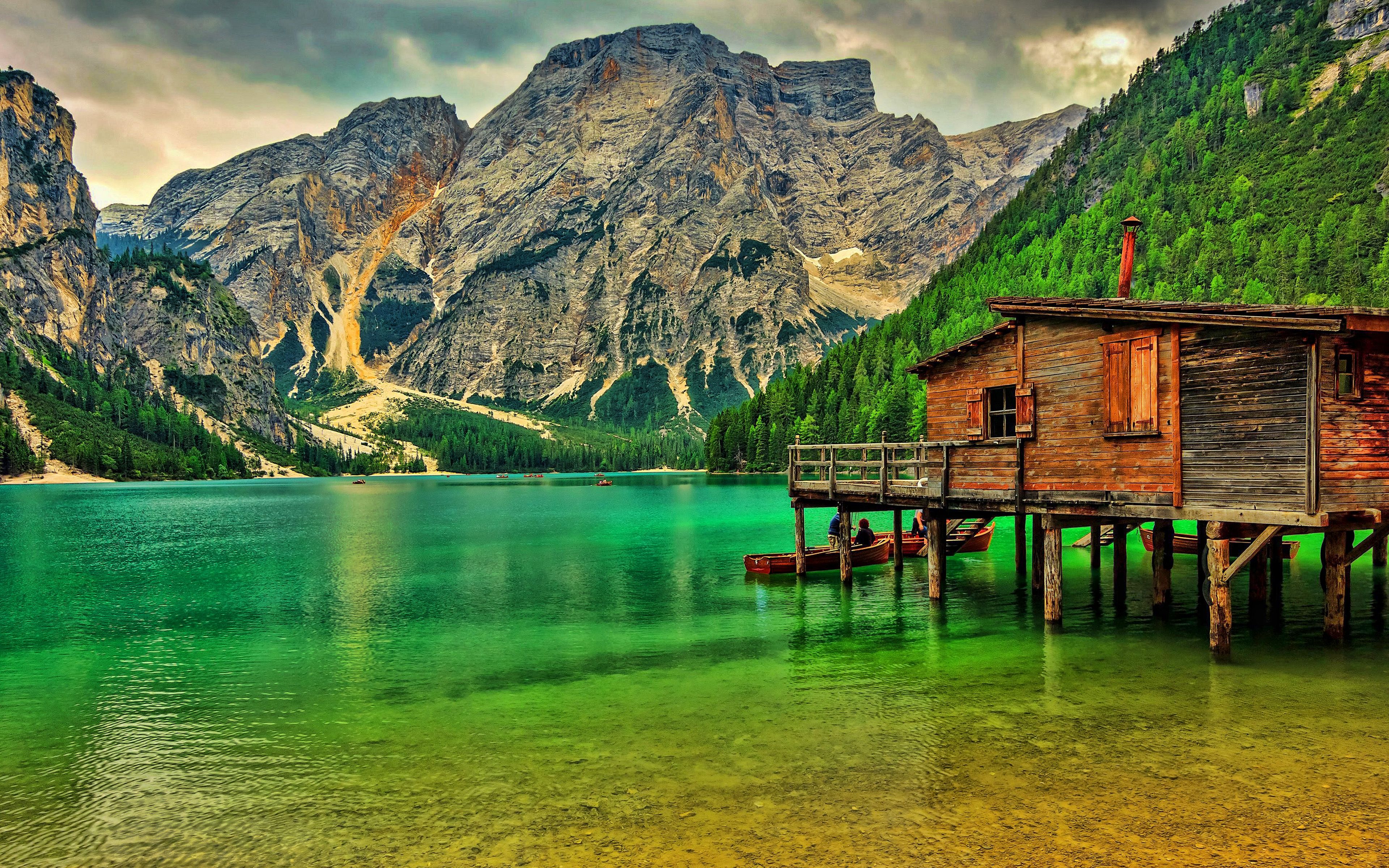Download wallpaper 4k, Lake Braies, HDR, beautiful nature, green