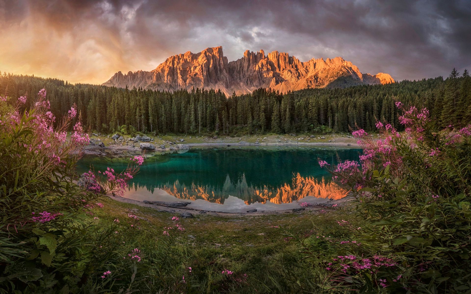 Sunset Lake Carezza Mount Catinaccio Mountains In South Tyrol