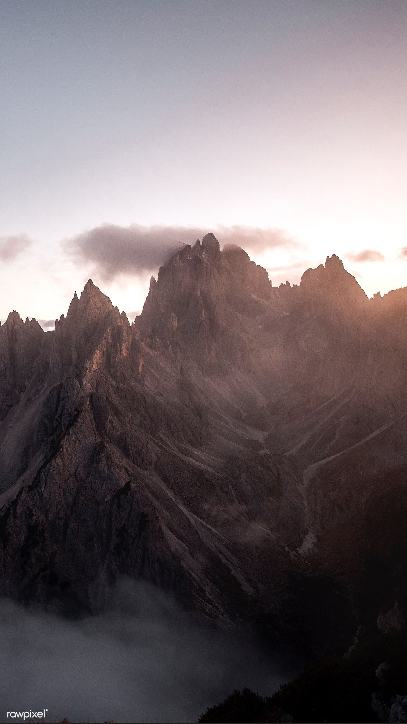 Download premium image of View of foggy Tre Cime di Lavaredo in Dolomites. Silhouette painting, Dolomites, Image