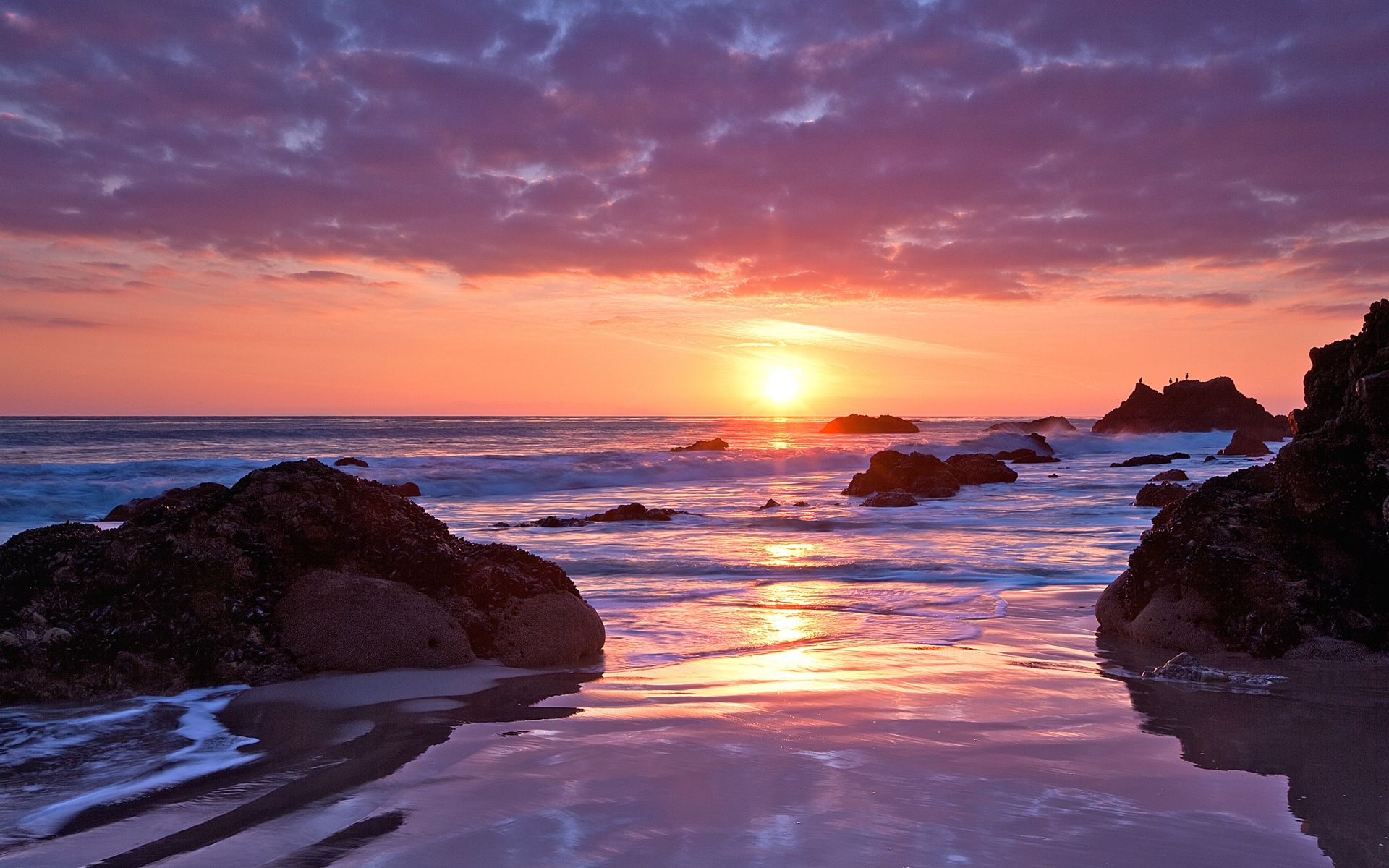 Ocean Rocks Beach Pink Sunset wallpaper. Ocean Rocks Beach Pink