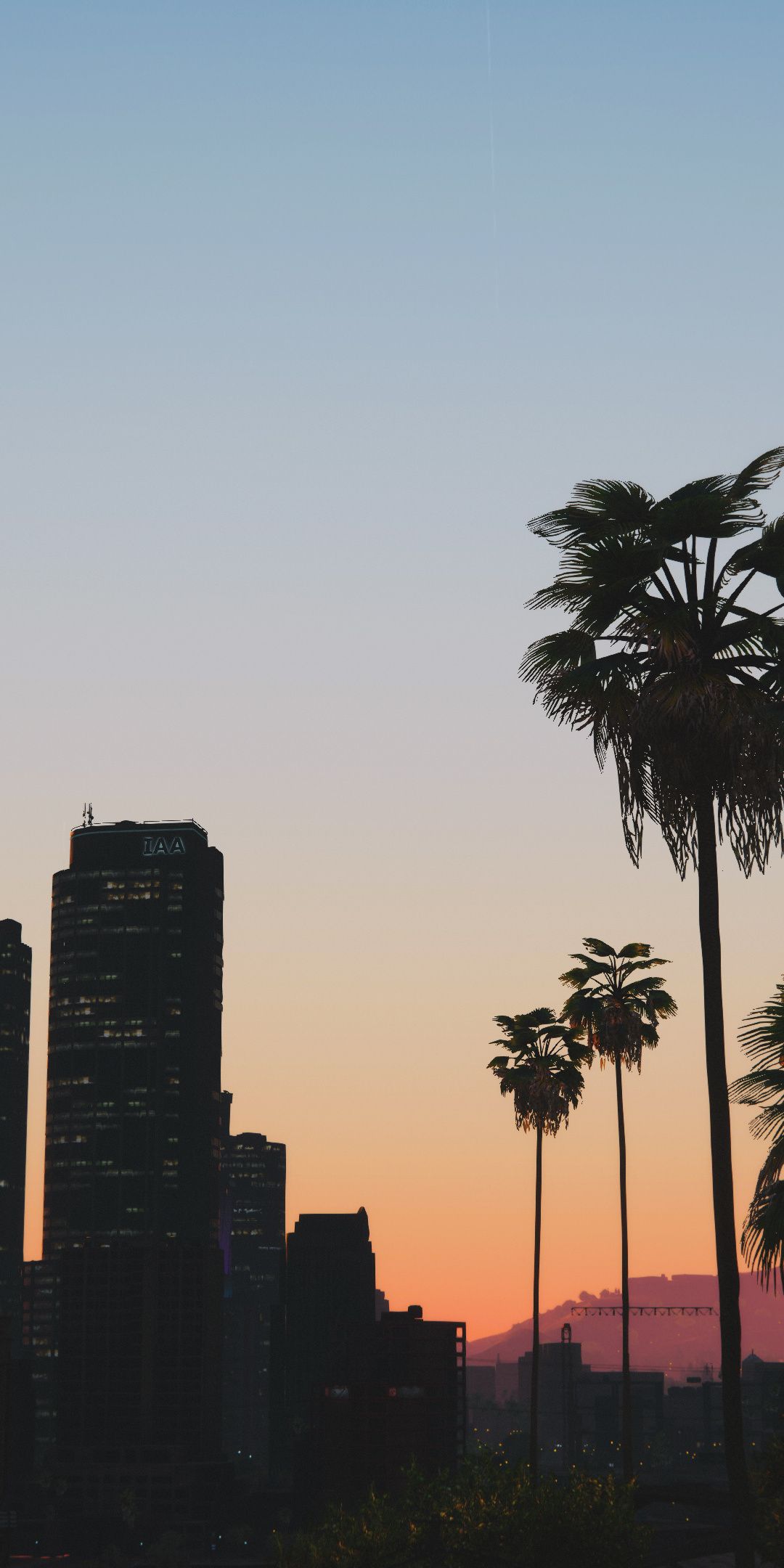 GTA V, video game, buildings, sunset, cityscape, 1080x2160 wallpaper. Tree wallpaper iphone, Palm trees wallpaper, Sunset wallpaper