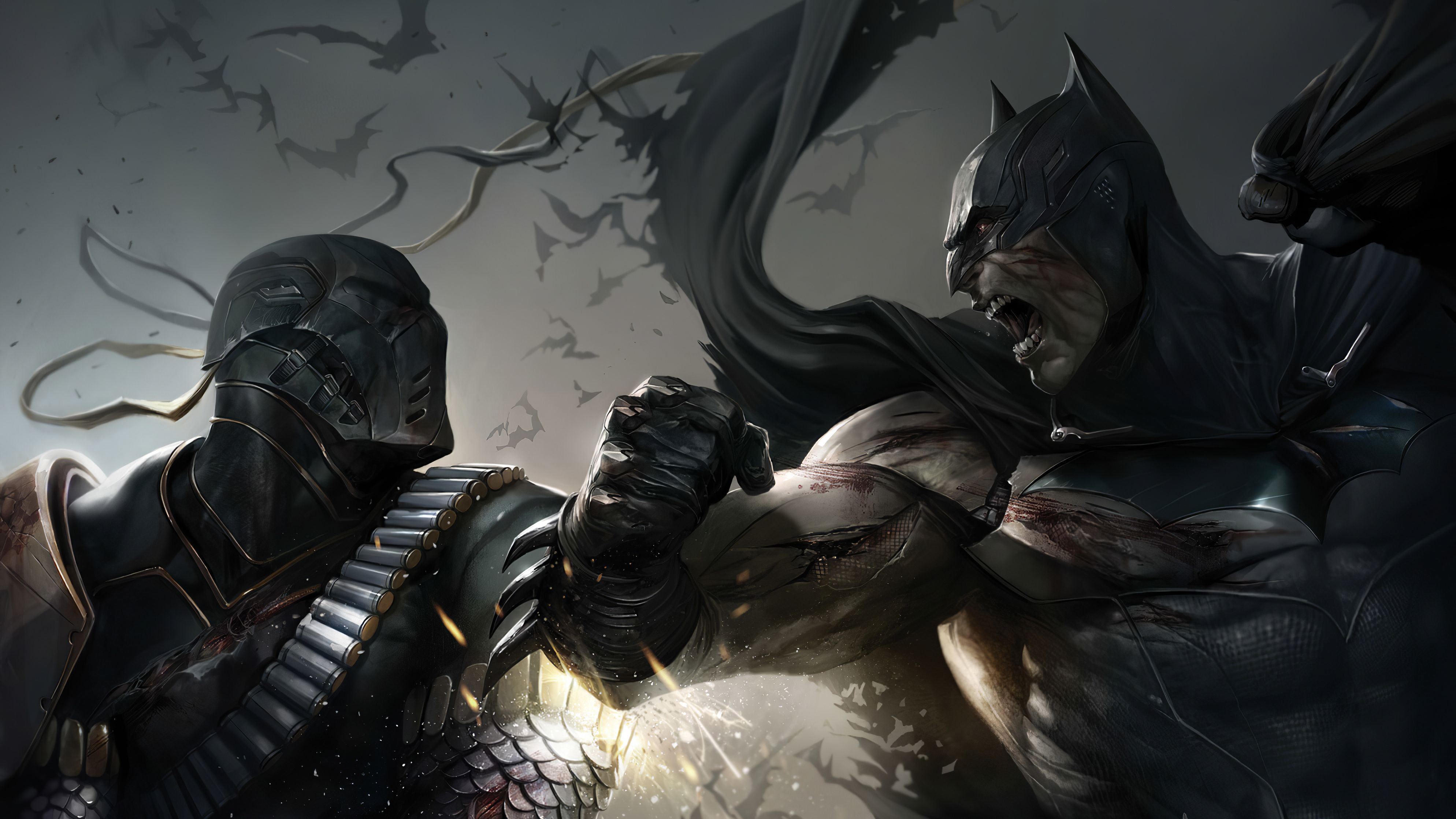 Batman fighting Deathstroke 4k Ultra HD Wallpaper. Background