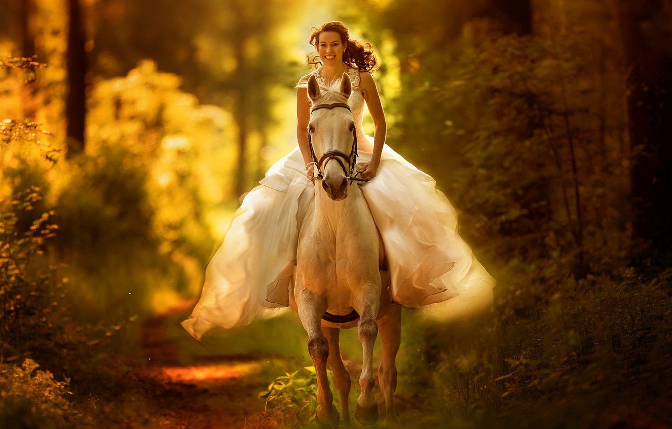 Wallpaper autumn, forest, girl, nature, horse, the bride image