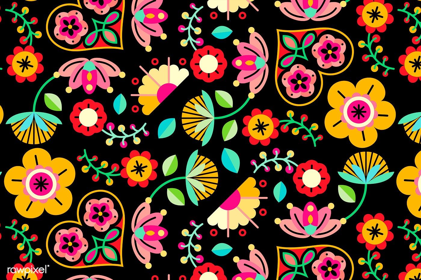 Download premium vector of Flowers folk art patterned on black