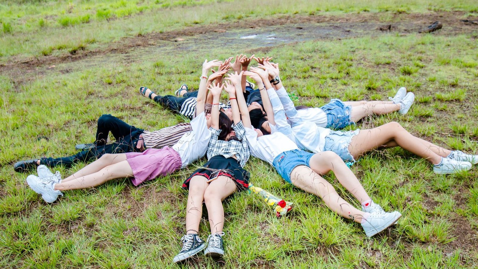 Group of Friends in Circle While Lying on Green Grass Wallpaper