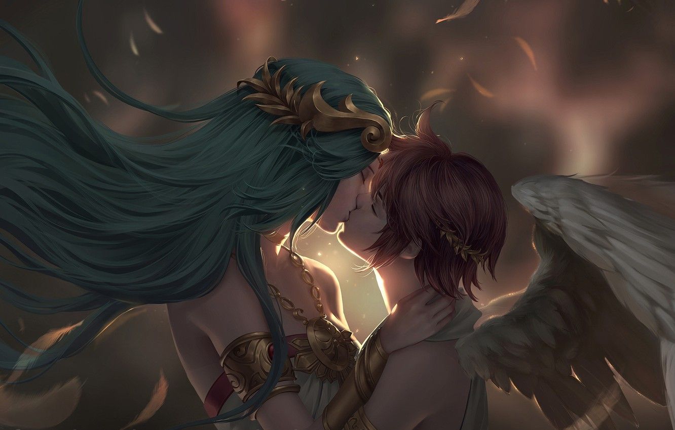 Wallpaper meeting, kiss, angel, pair, fantasy, date, Chuby Mi