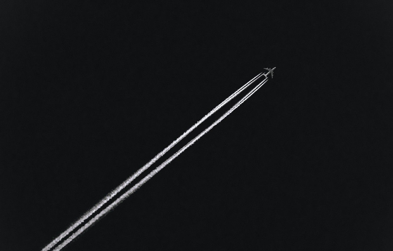 Wallpaper The sky, Minimalism, The plane, Trail, Aviation, Black and white, A condensation trail image for desktop, section минимализм