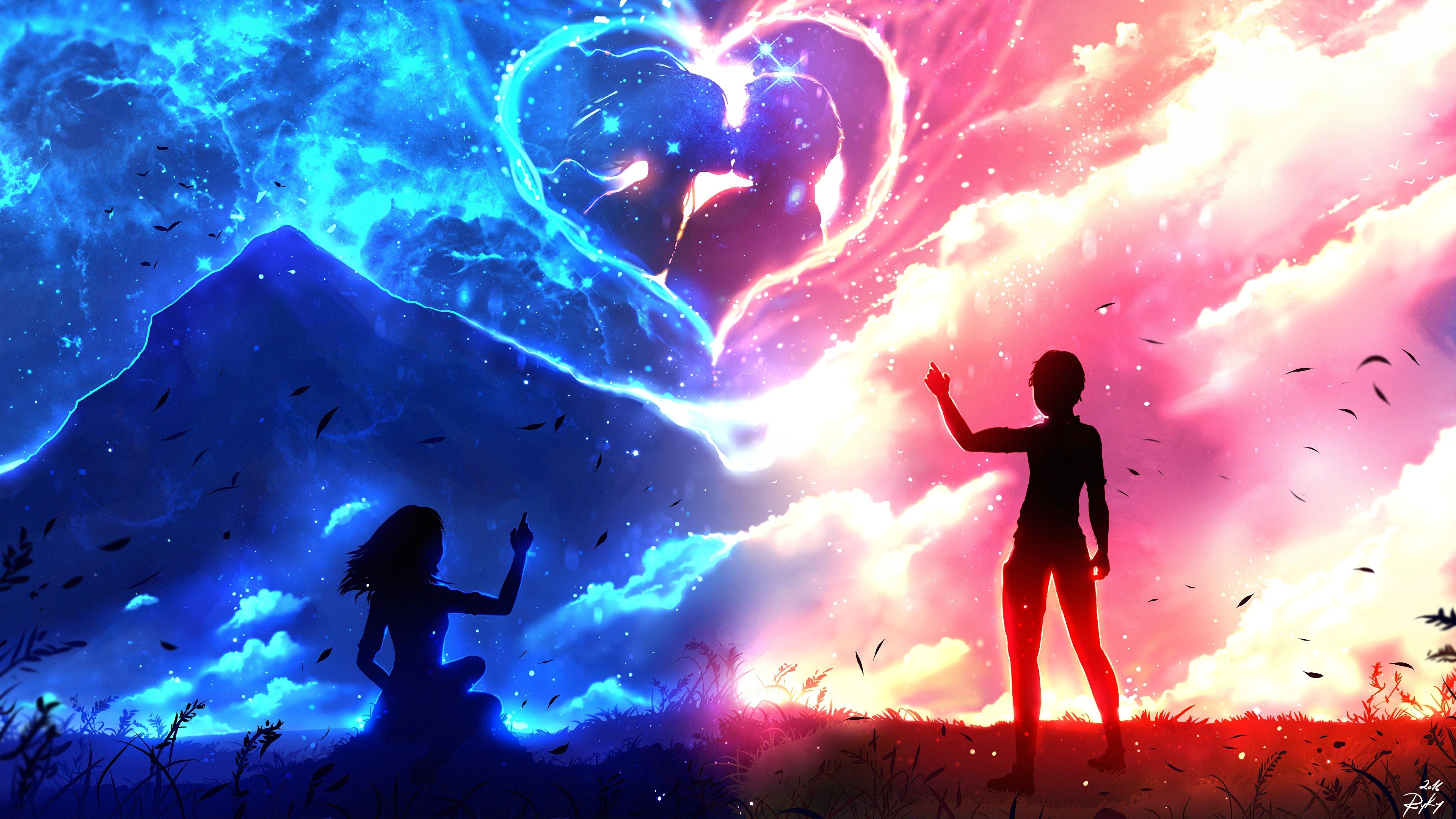 Anime Couple Silhouette Heart 4K Wallpaper