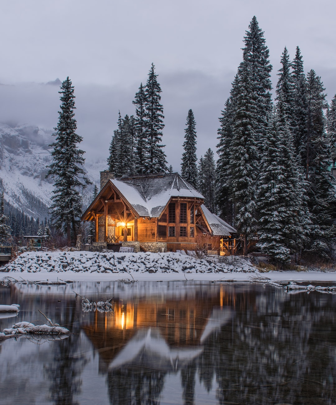 Snowy house beside Emerald lake Canada. Happy holidays everyone