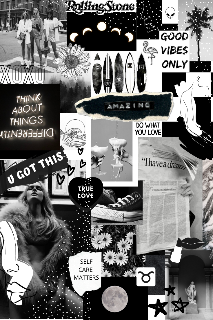 Photos collage with a black and white aesthetic. Black