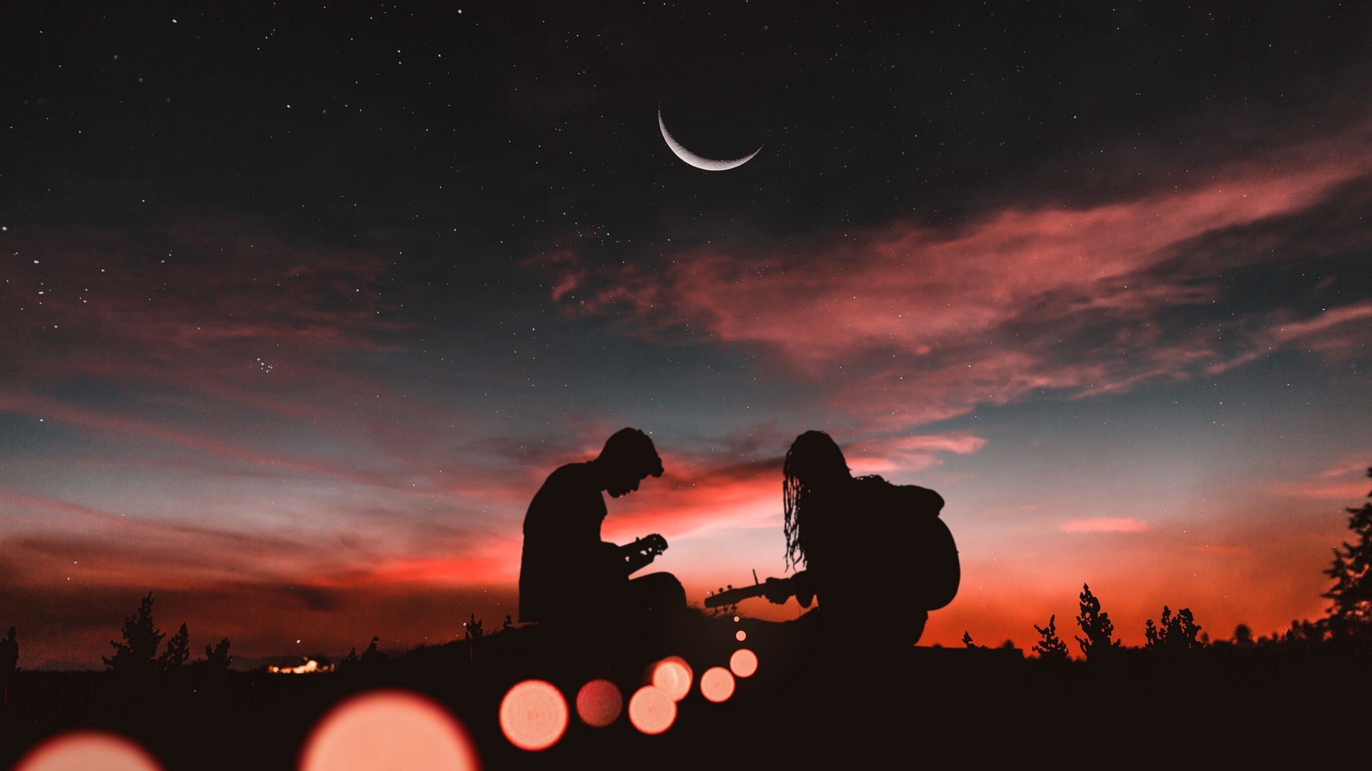 Download wallpaper 1920x1080 silhouettes, couple, guitar, sunset, romance, starry sky full hd, hdtv, fhd, 1080p HD background