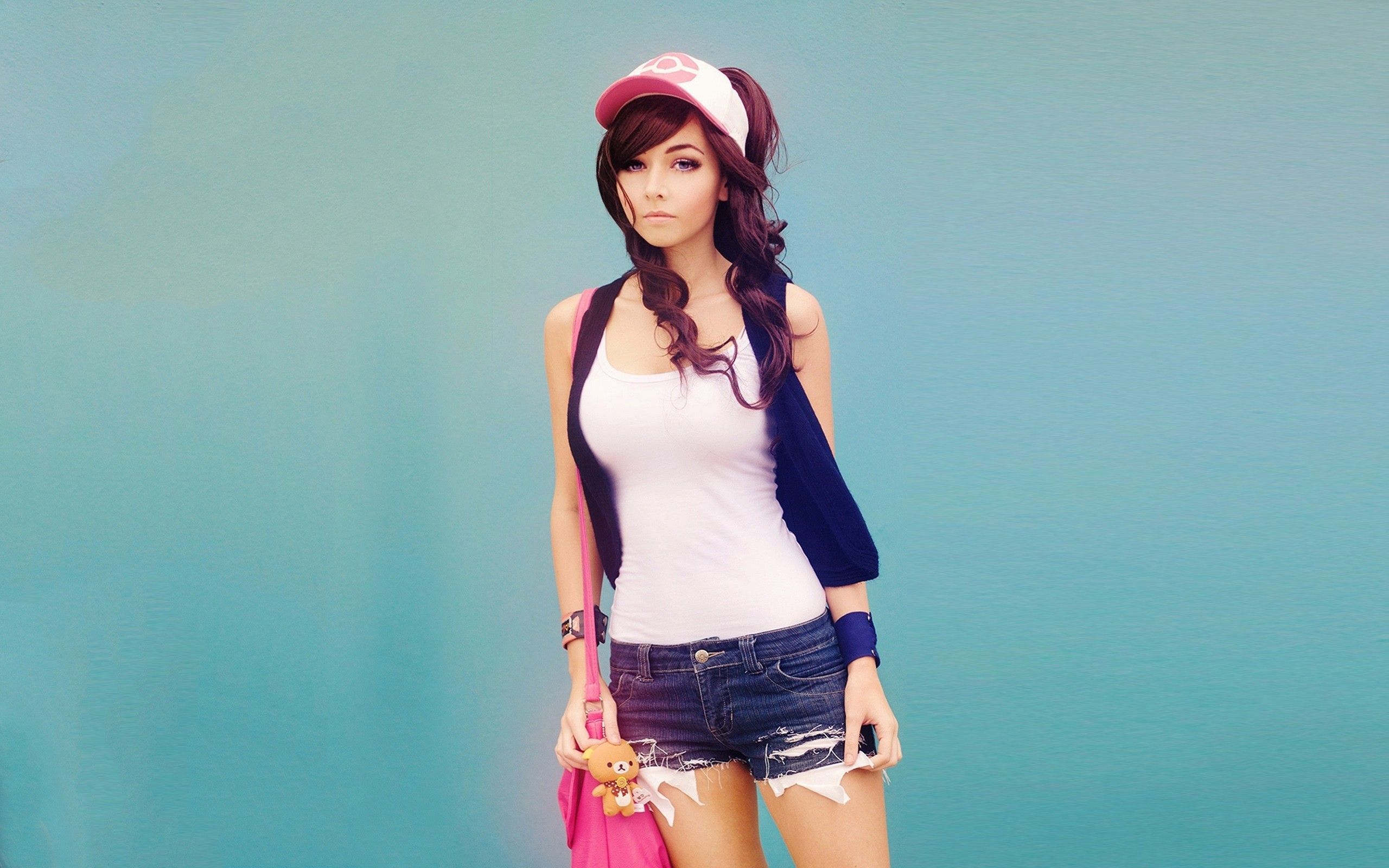 Amy Thunderbolt, #jean shorts, #brunette, #model, #Pokémon, #cosplay, #simple background, #women, wallpaper. Pokémon white, Girls mac, Cosplay