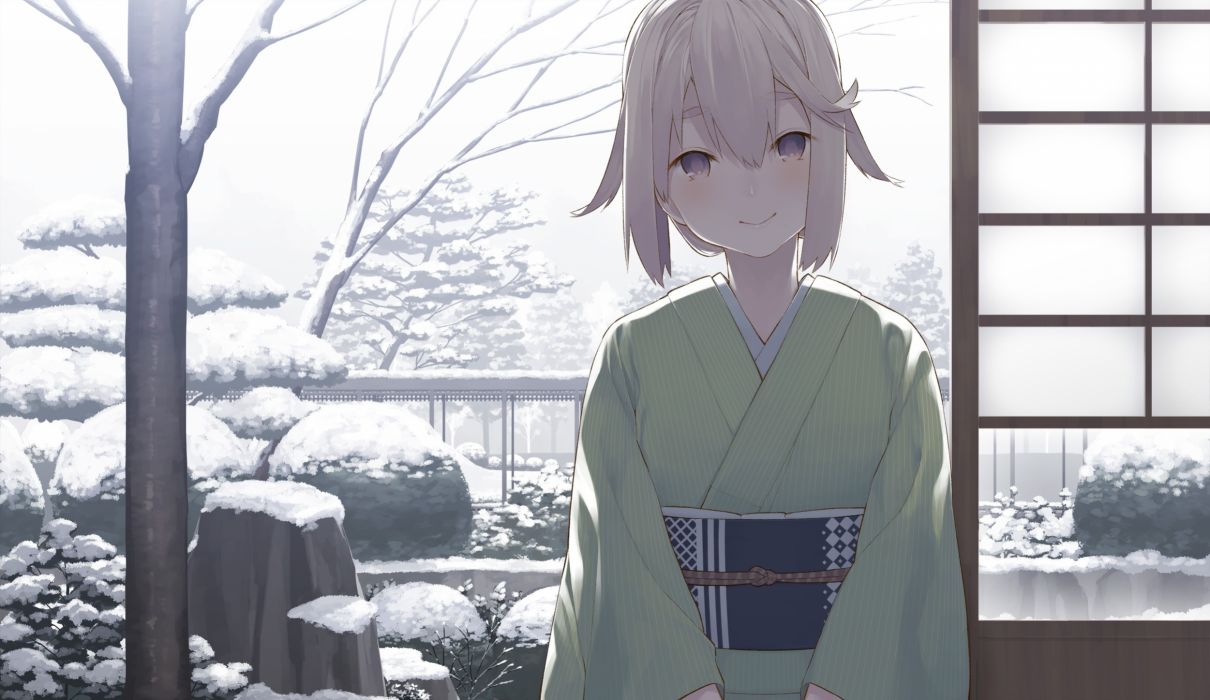 Anime girl kimono snow traditional building short hair wallpaper