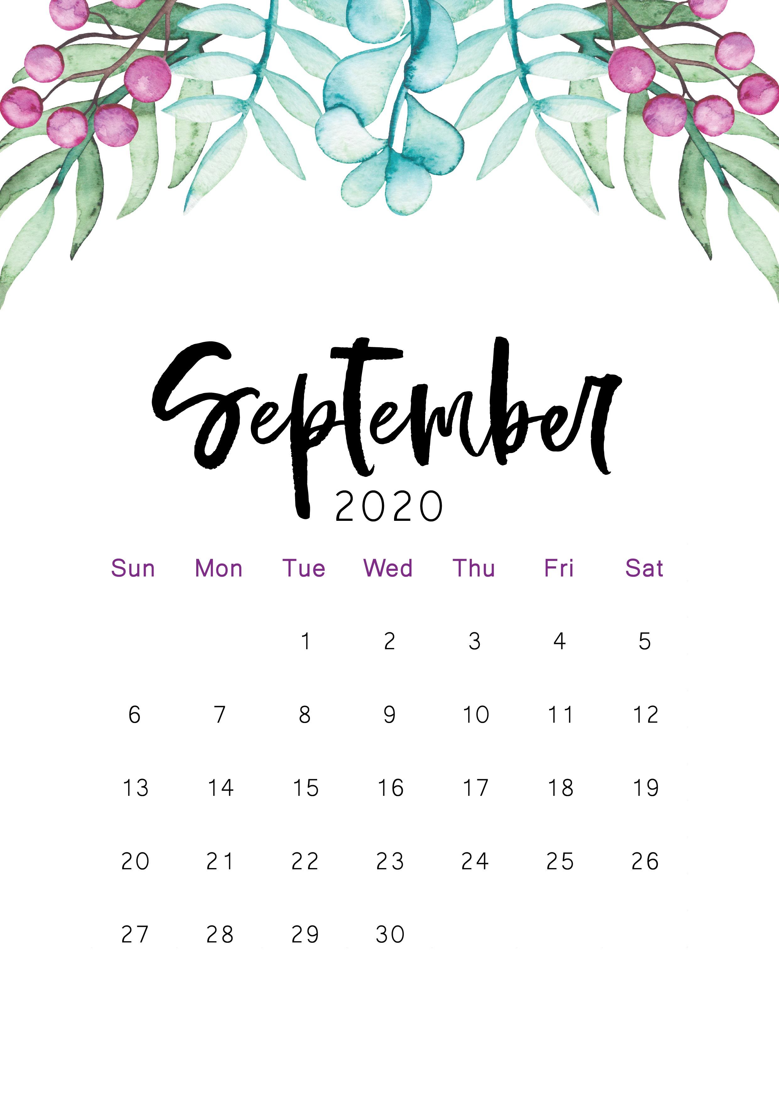 September 2020 Printable Calendar. Kartu, Gambar, Wallpaper ponsel