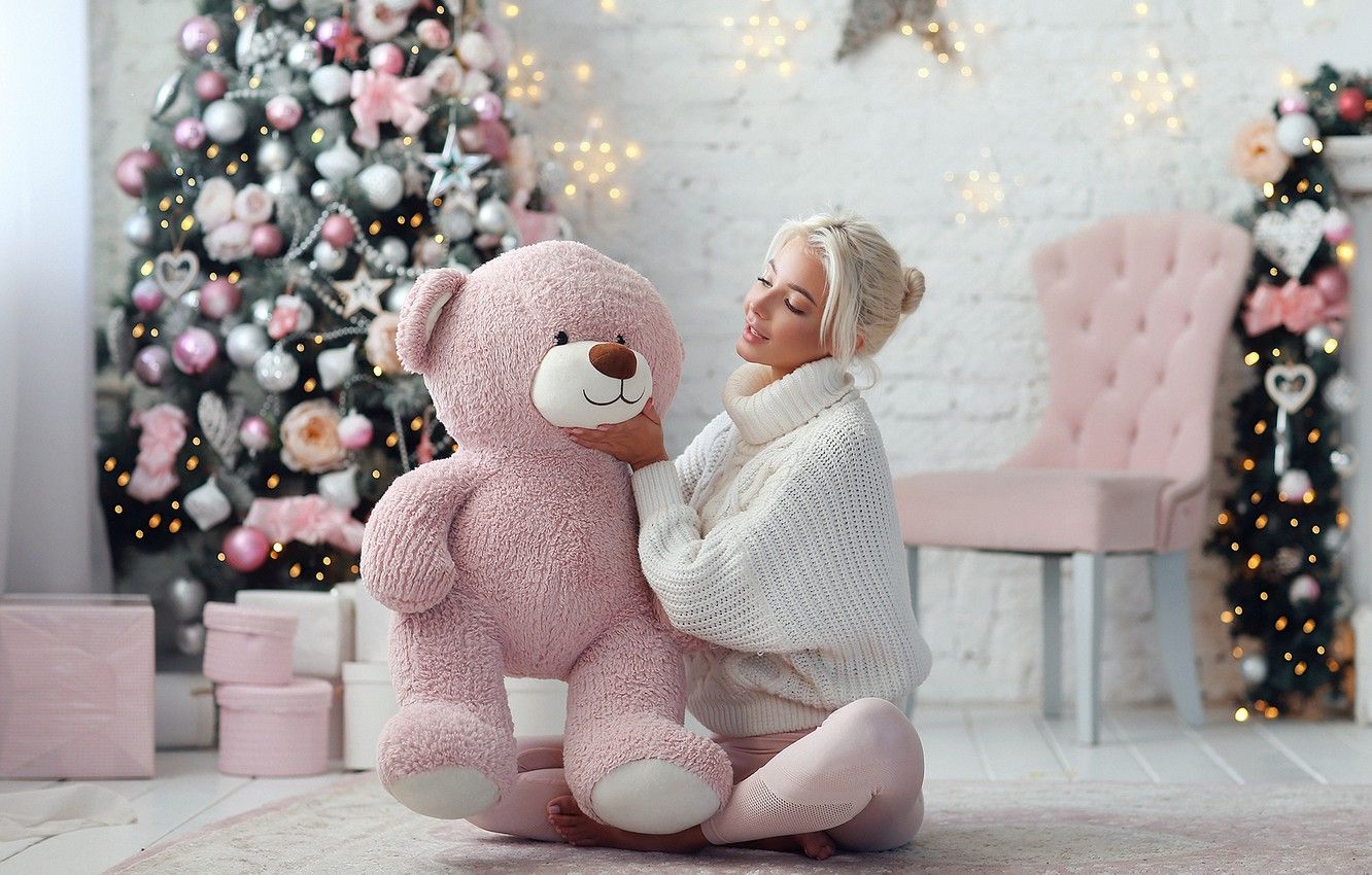 Wallpaper girl, mood, bear, New year, tree, sweater, Teddy bear