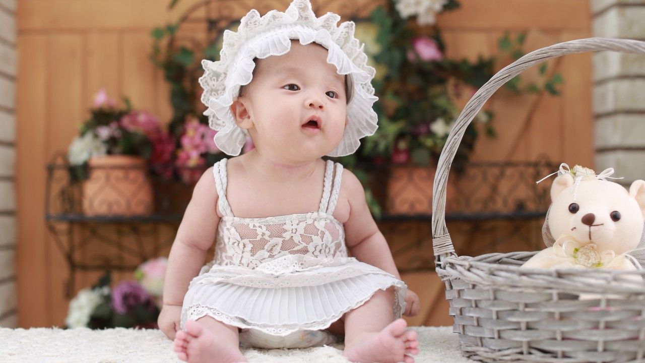 Wallpaper Cute baby girl, Teddy bear, Basket, 5K, Cute