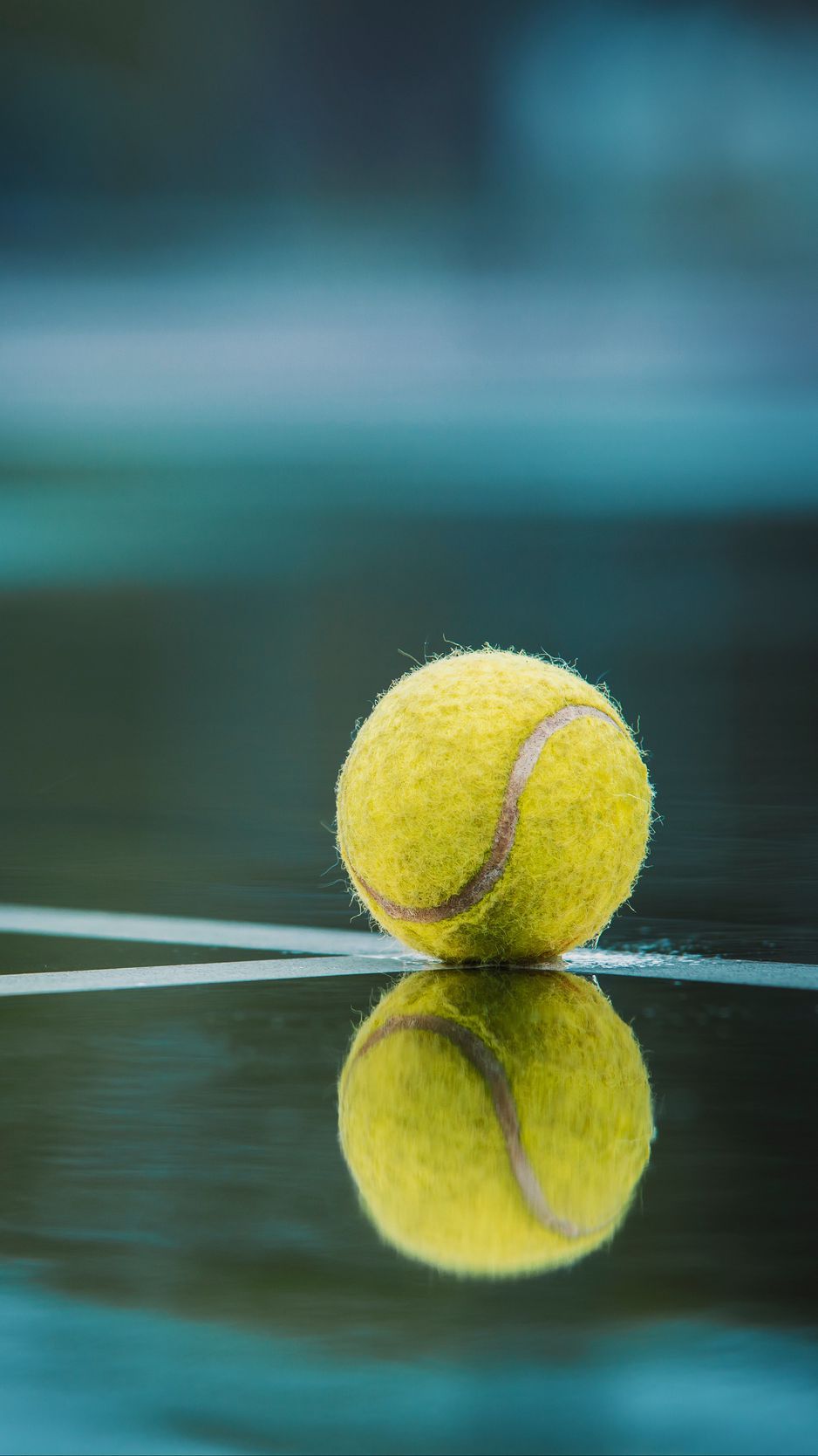 Download wallpaper 938x1668 ball, tennis, court, reflection, lines