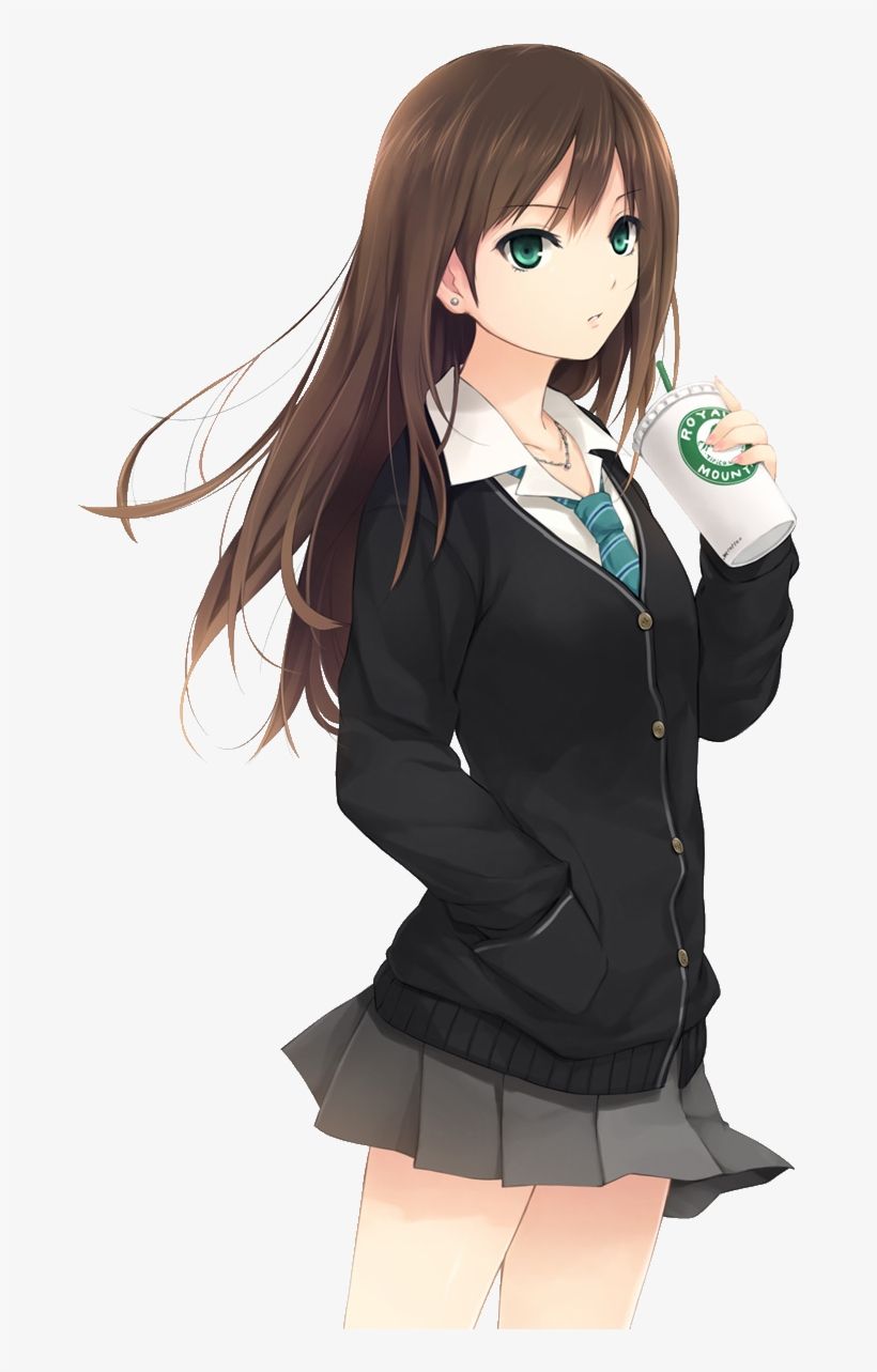 Drawn Starbucks Brown Haired Girl High School Girl Anime